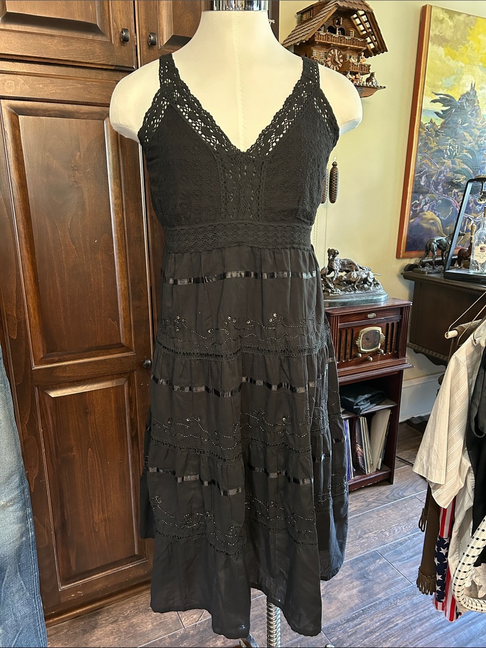 1990’s Black Boho Crochet Top Midi Sun-Dress Sz XL - Beaded
